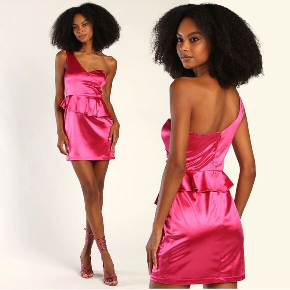 NWT Lulus Flirtatious Energy Pink Satin One-Shoulder Bodycon Mini Dress - Picture 1 of 8